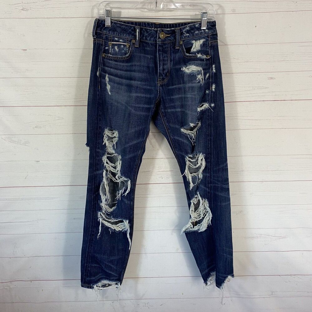 American Eagle Womens Tomgirl Heavily Distressed Ankle Jeans 29x27 Blue Cotton